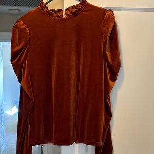SHEIN Velvet Ruffle Neck Blouse - Rust